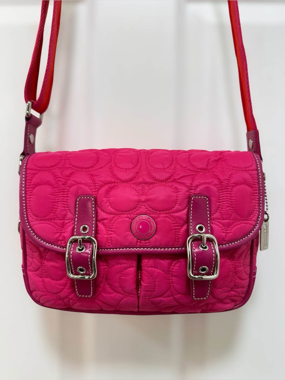 Coach Quilted Signature Nylon Field Messenger Bag Fuchsia‎ Pink Suede 4061